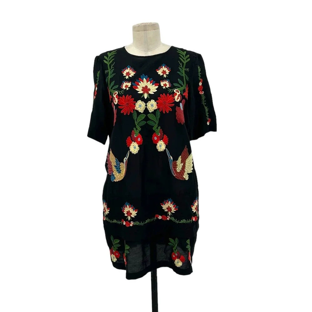 Zara Embroidered Floral Crane Bird Short Black Dress Size XS - Picture 2 of 8